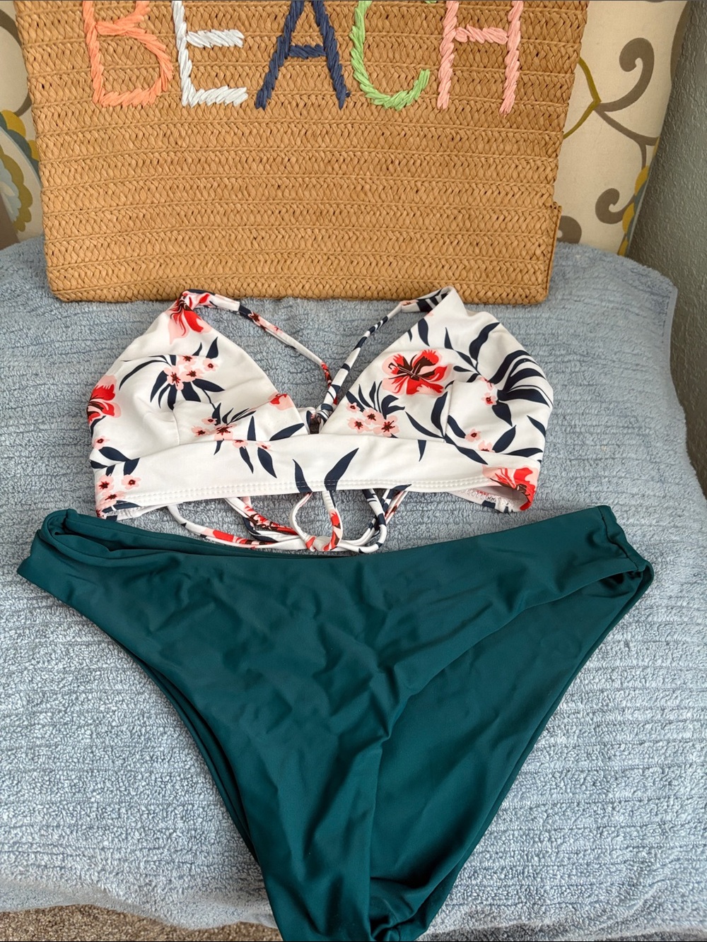 Cupshe White Floral & Teal Two-Piece Bikini